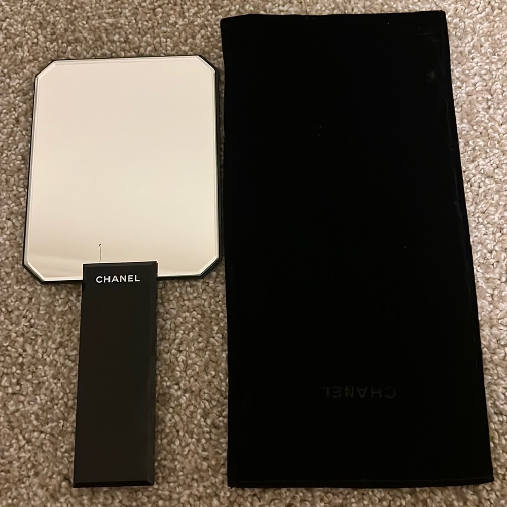 Authentic Chanel handheld mirror with black velvet pouch